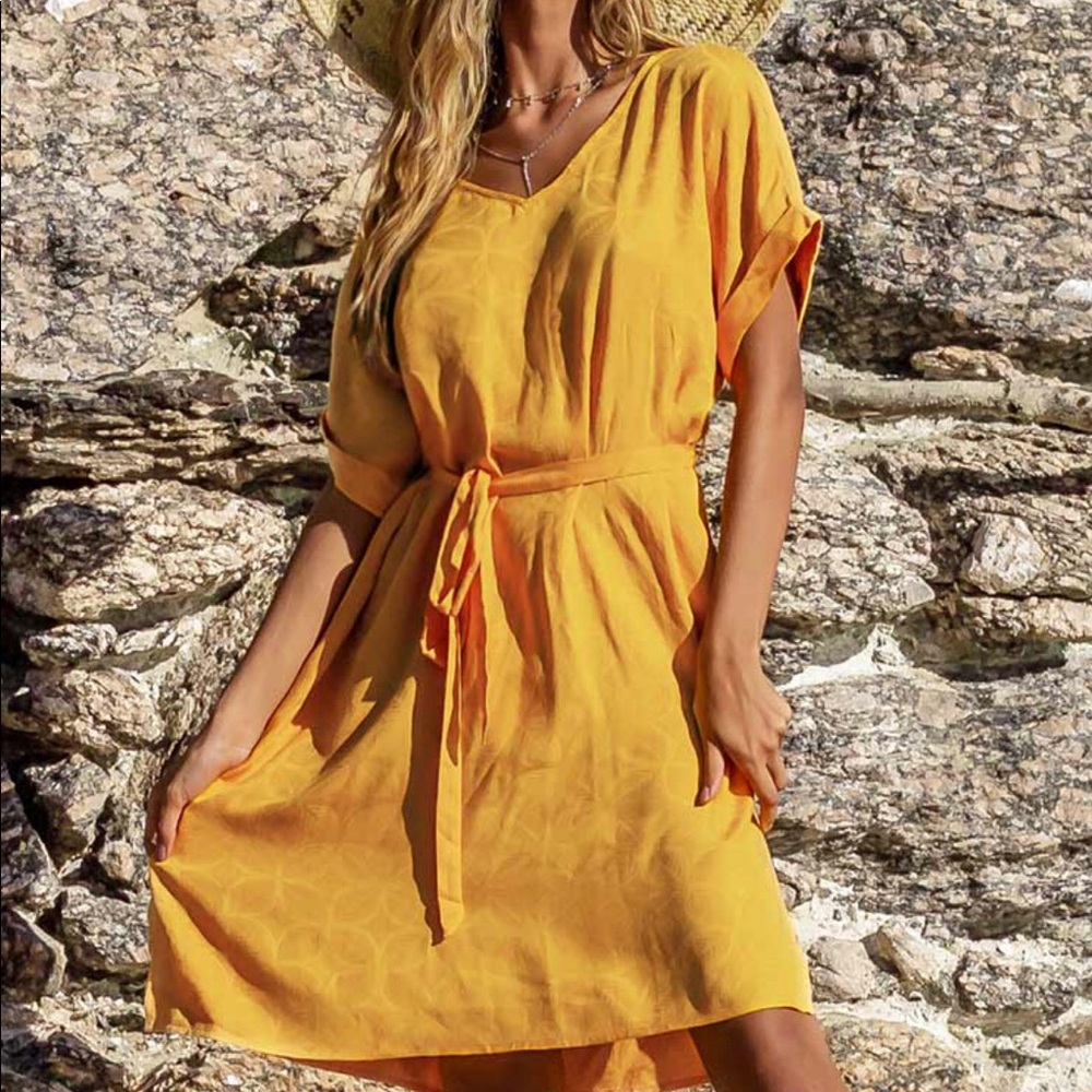 Yellow V-Neck Side Slit Dress